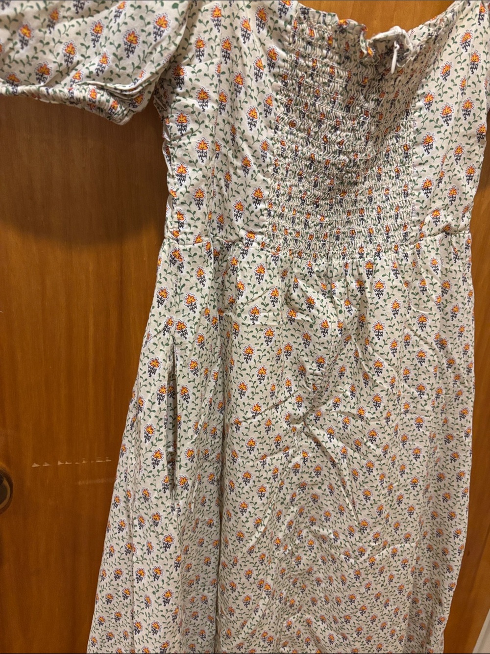 Puff-Sleeve Floral Midi Dress in Cream with Orange Print - Picture 9 of 9